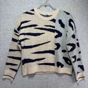 THML Anthropologie Sweater Womens Medium Animal Print Boho Blue Cream Stretch